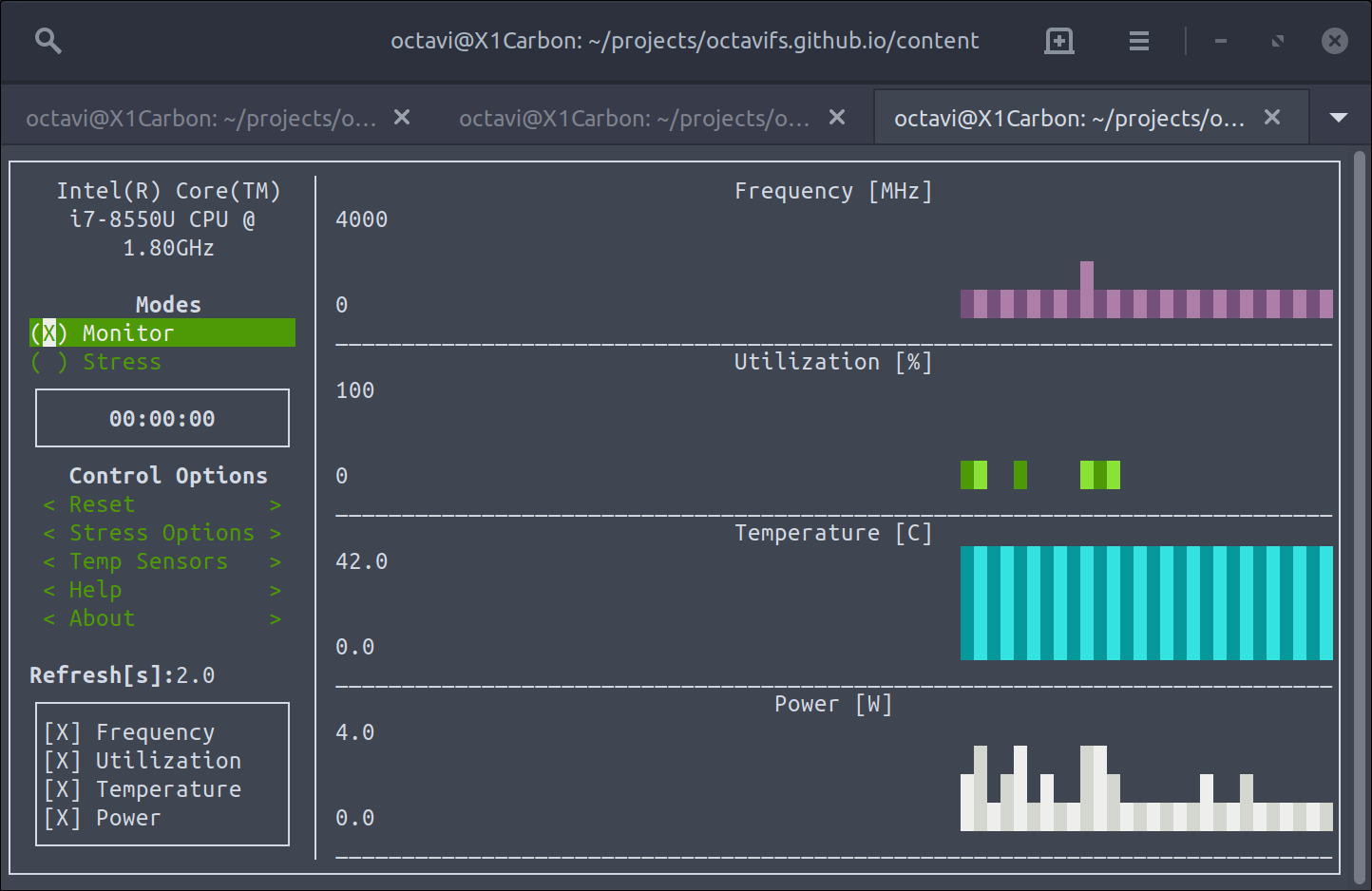 s-tui monitoring power usage and temperature